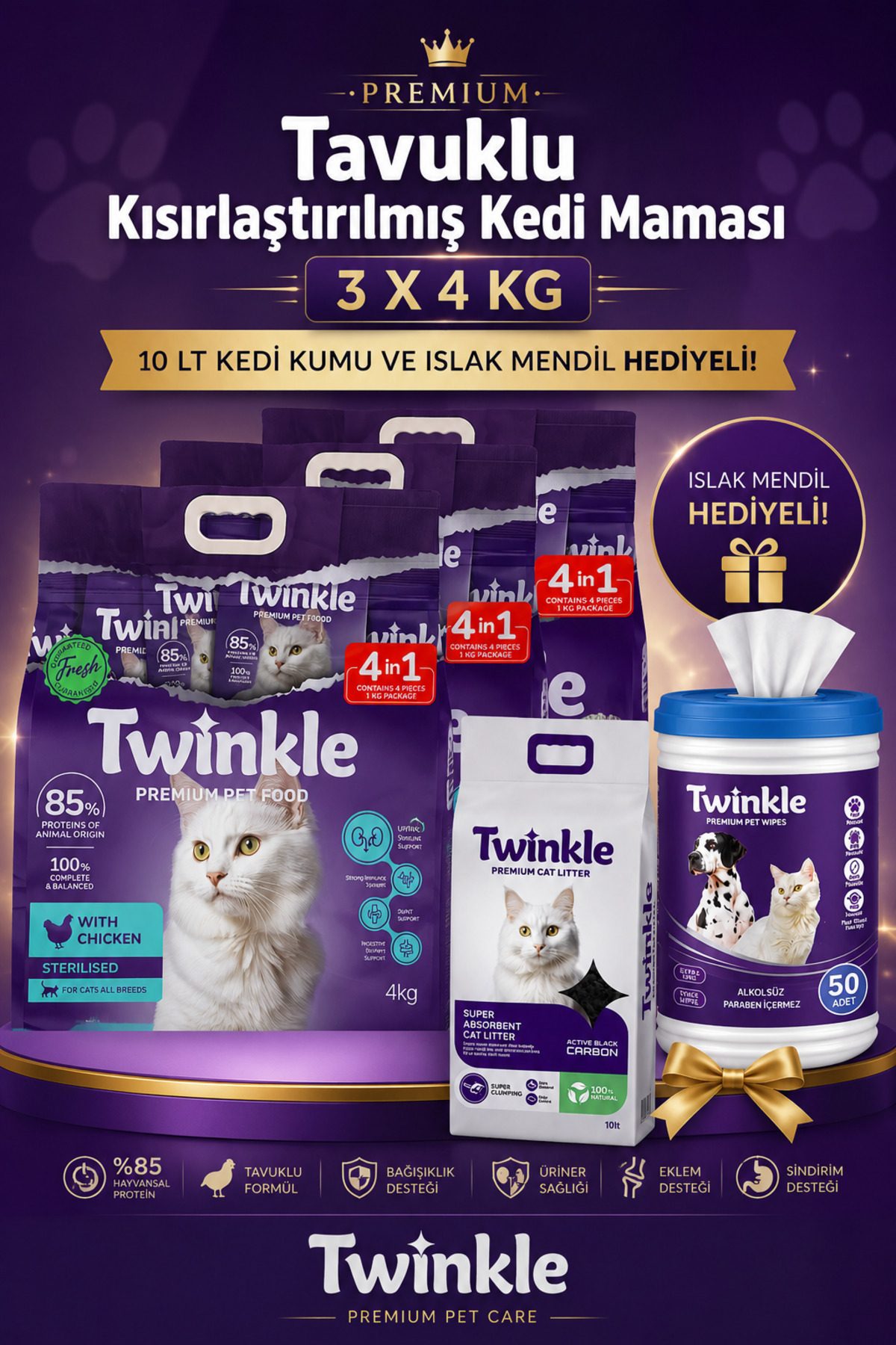 Tavuklu Kısırlaştırılmış Kedi Maması 3 x 4 Kg- Kedi Kumu 10 Lt+ Evcil Hayvan Islak Mendil Hediyeli